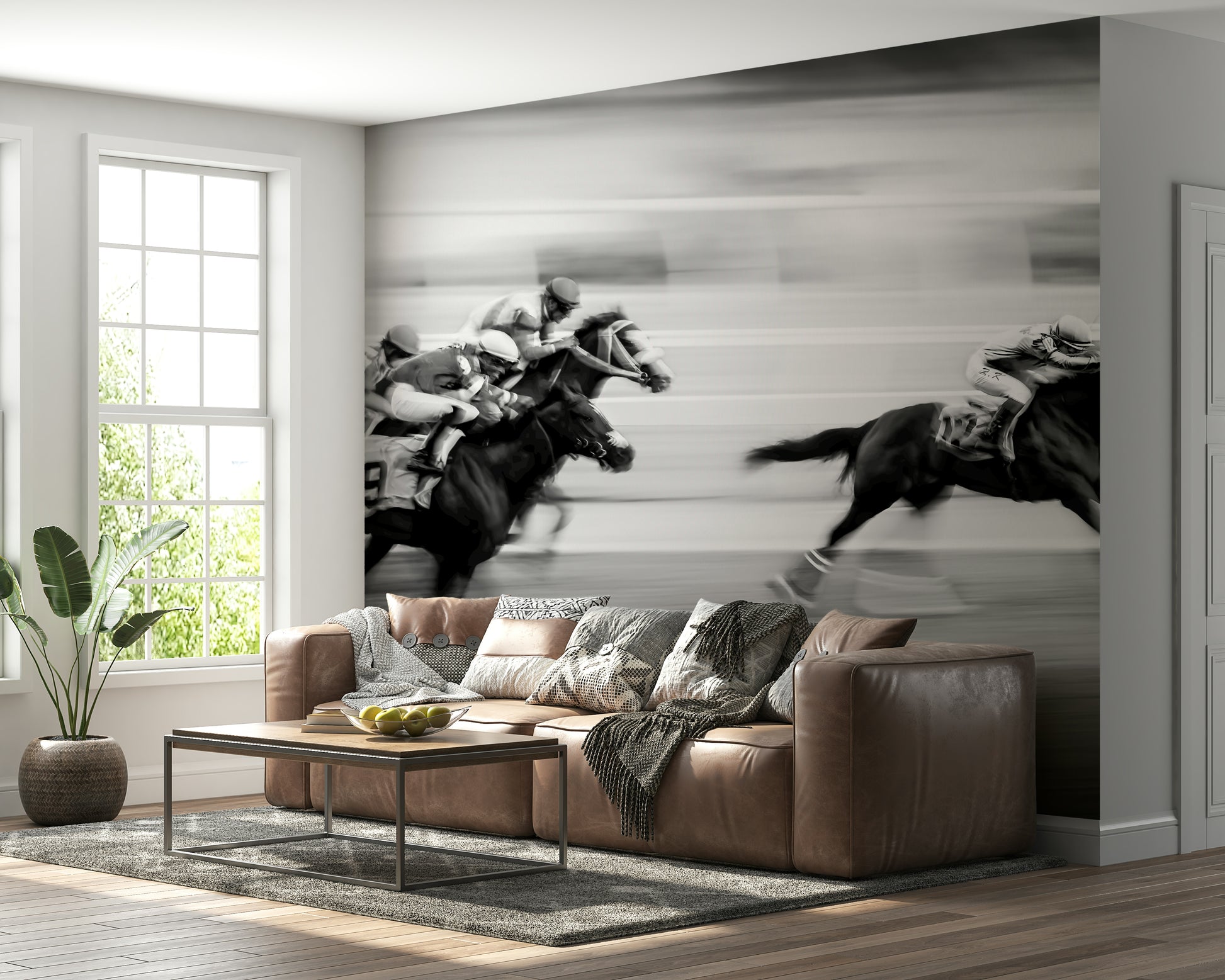 Equestrian Speed Wall Mural – Action-packed horse racing scene conveying excitement and motion.
