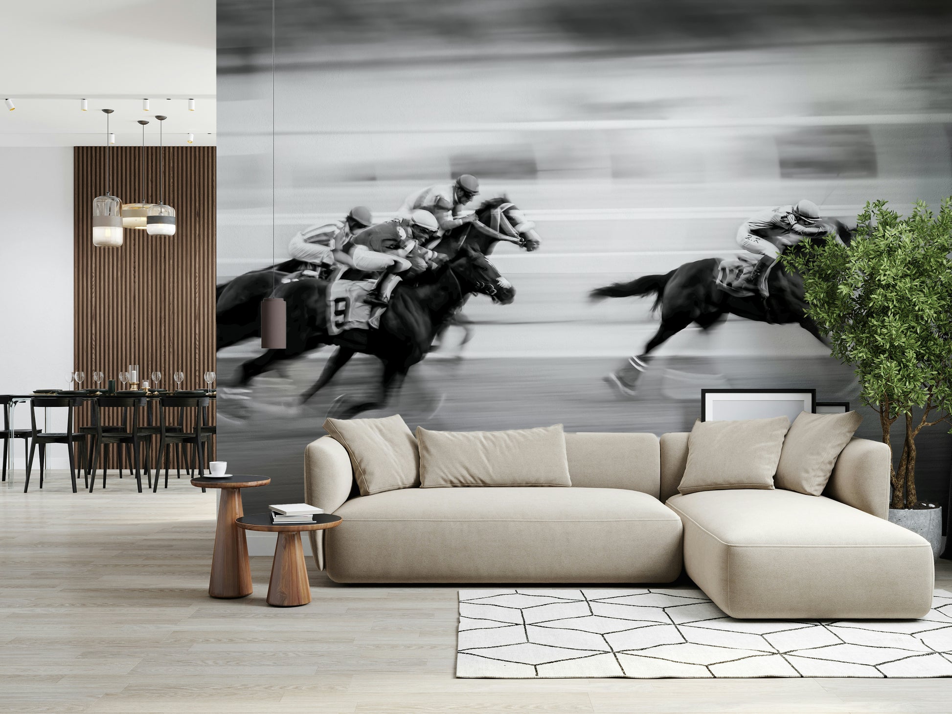 Thoroughbred Racing Wall Mural – Detailed mural featuring jockeys riding powerful horses during a competitive race.
