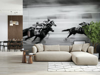 Thoroughbred Racing Wall Mural – Detailed mural featuring jockeys riding powerful horses during a competitive race.