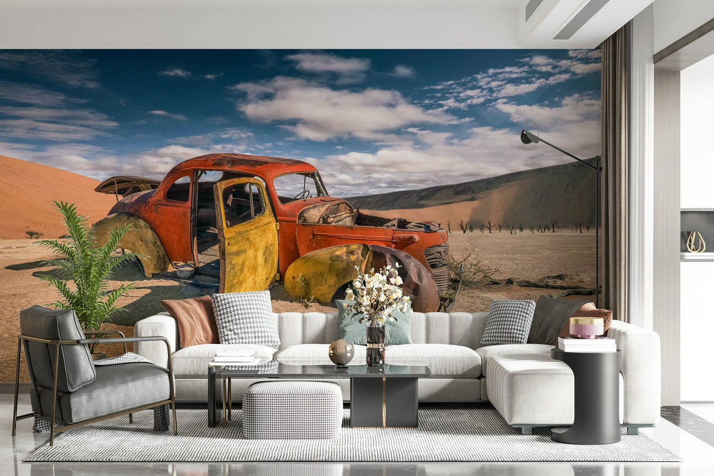 Sunset Desert Wall Mural – Warm, atmospheric mural showing bicycles amidst sandy dunes under a glowing sky.