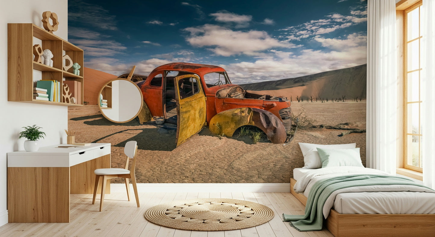 Desert Journey Wall Mural – Scenic desert illustration featuring bicycles and soft, warm tones for relaxed interiors.