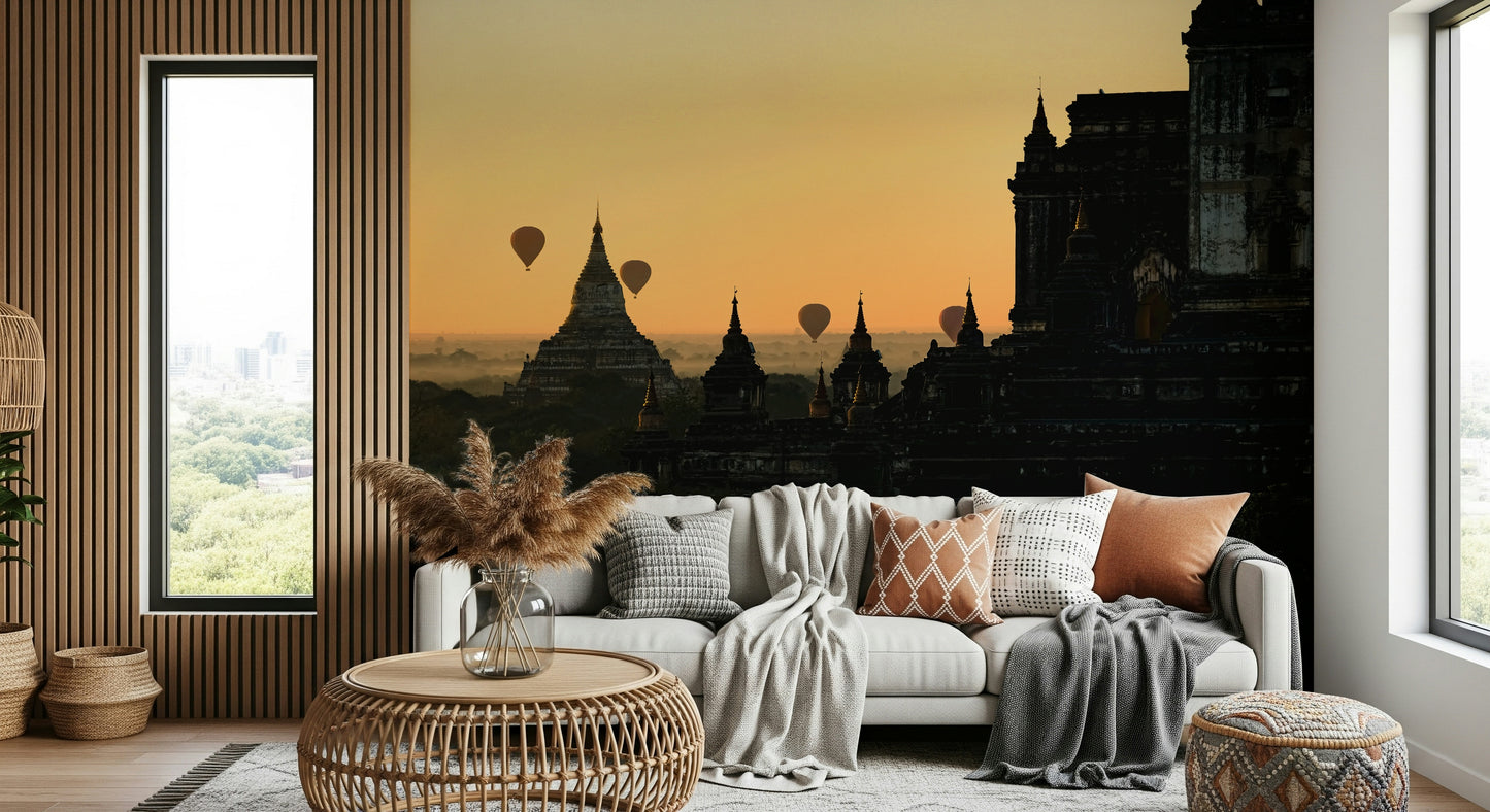 Balloons Over Bagan Wall Mural – Colorful hot air balloons soaring over ancient pagodas in a serene sunrise setting.
