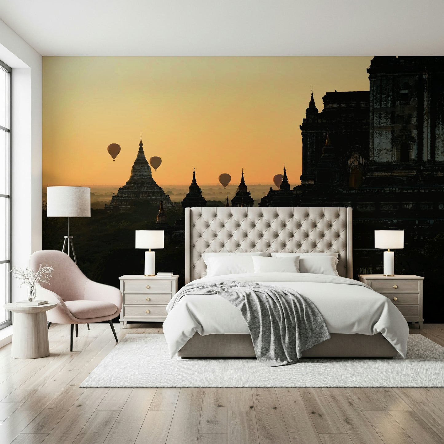 Myanmar Balloon Festival Wall Mural – Peaceful depiction of hot air balloons drifting over the iconic Bagan temples at sunrise.