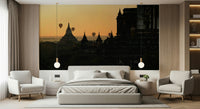 Sunrise Temple Wall Mural – Atmospheric mural with soft morning light illuminating Bagan’s temples and sky filled with balloons.