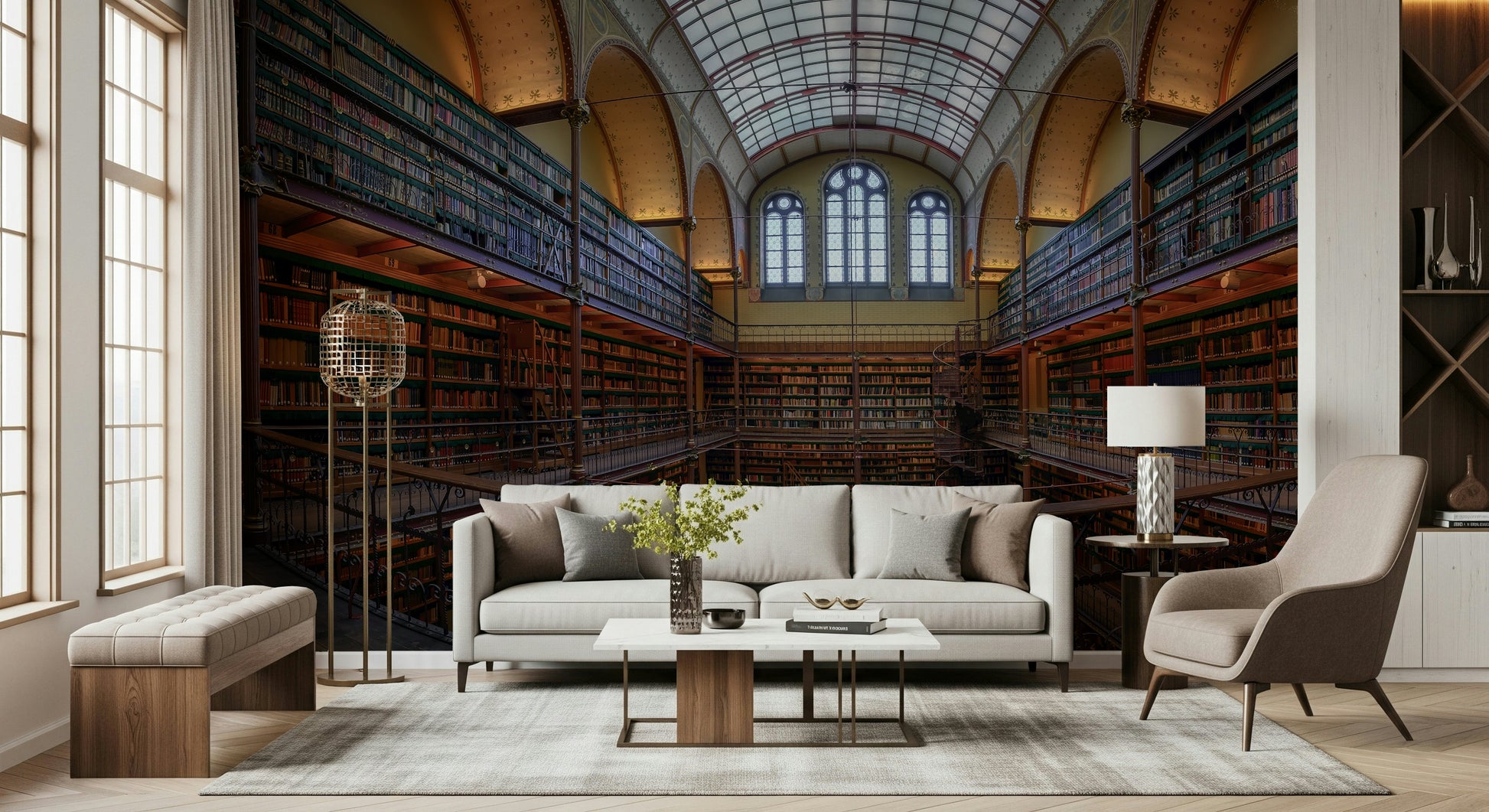 Majestic Reading Room Wall Mural – Classic library interior with warm tones, detailed bookshelves, and sophisticated ambiance.