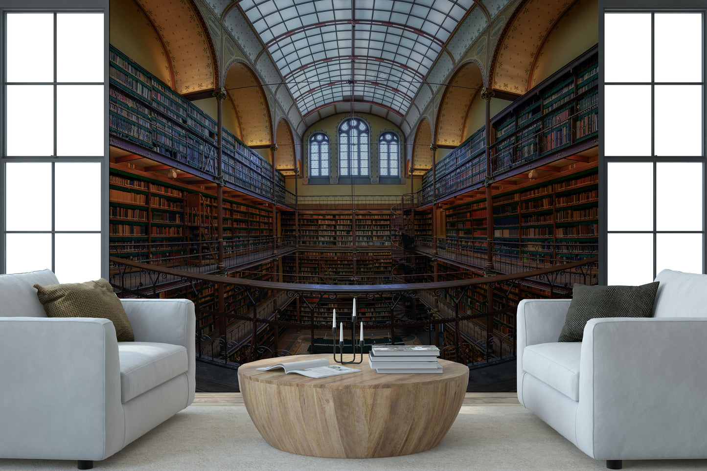 Luxury Library Wall Mural – Sophisticated wall décor featuring a grand library interior with rich textures and perspective.