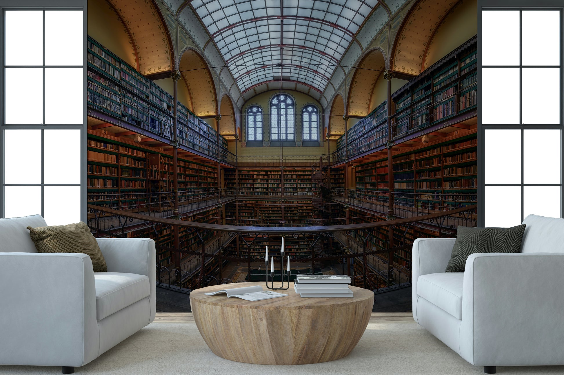 Luxury Library Wall Mural – Sophisticated wall décor featuring a grand library interior with rich textures and perspective.