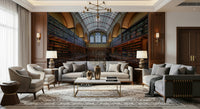 Elegant Bookshelf Wall Mural – Detailed mural showcasing towering bookshelves filled with books in a majestic library setting.