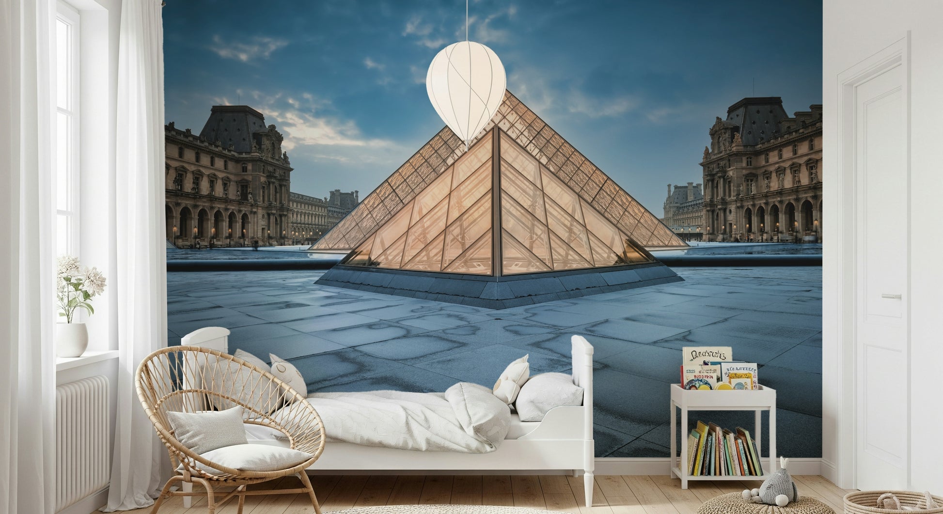 Louvre Pyramid Wall Mural – Iconic glass pyramid at the Louvre Museum captured in a modern, artistic wall design.