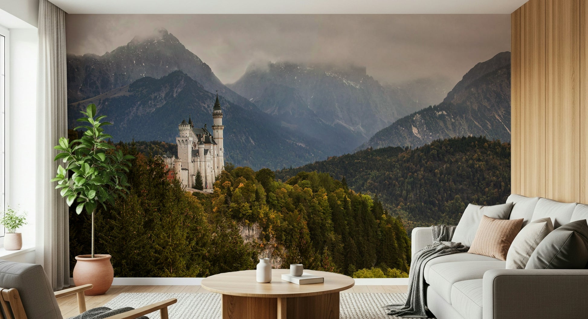 Fairytale Castle View Wall Mural featuring a whimsical castle with dreamy landscapes.
