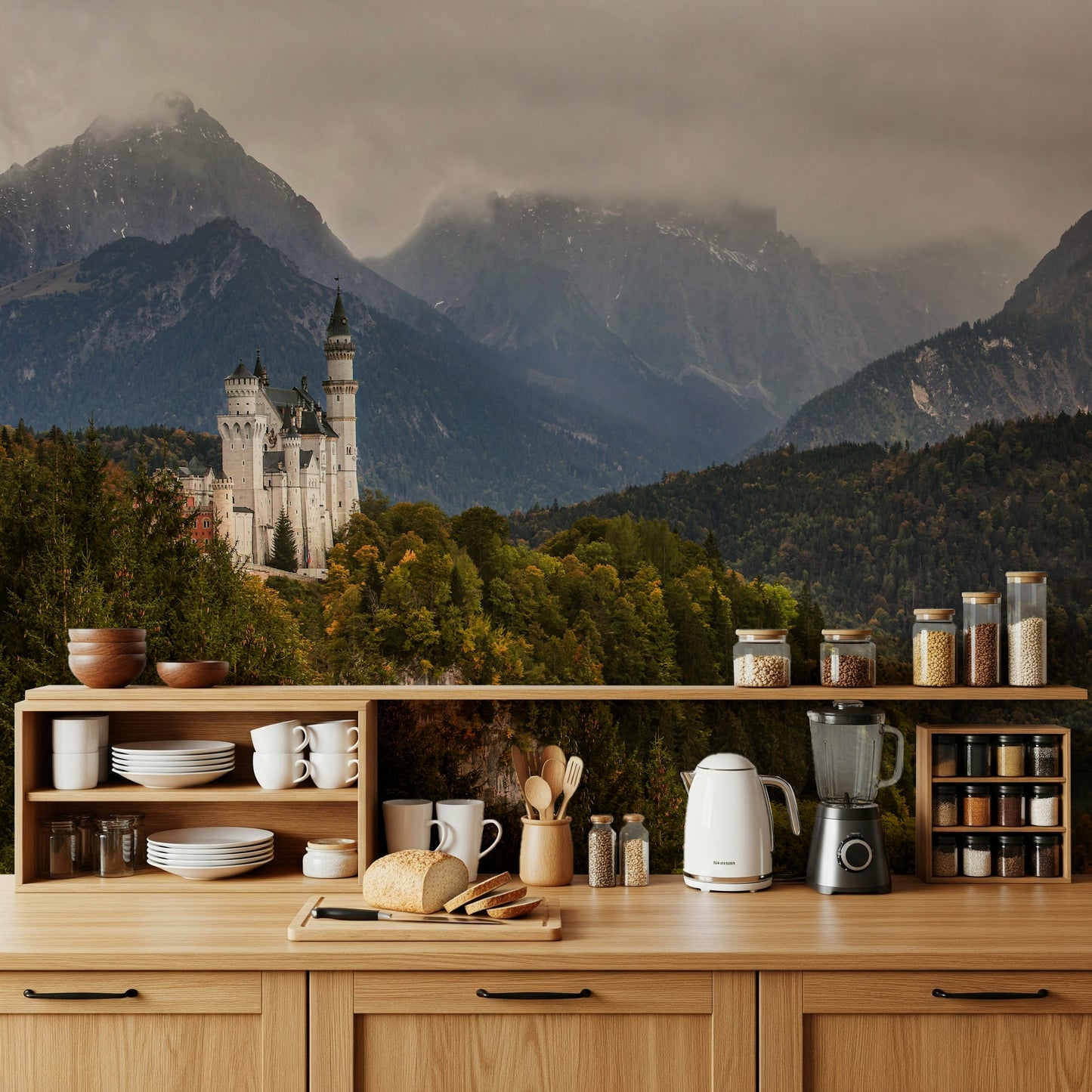 Fairytale-inspired wallpaper with majestic castle and soft, dreamy skies.