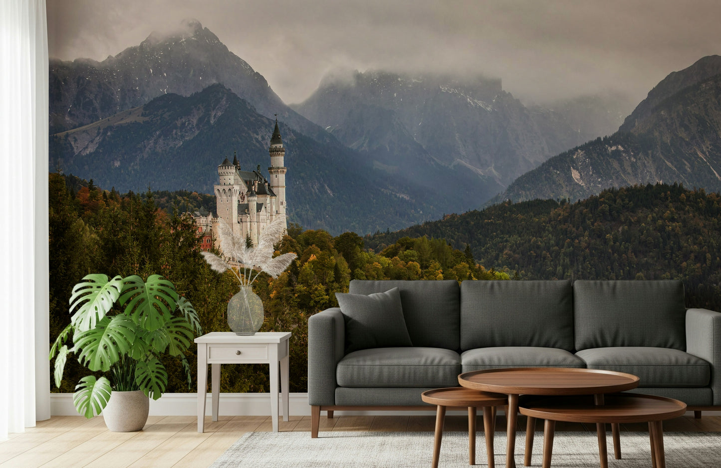 Fairytale Castle View wallpaper with detailed towers and lush surroundings.