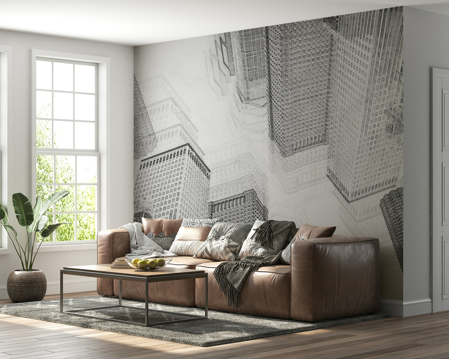 Hand-drawn city skyline wall covering for offices, living rooms, or studios.