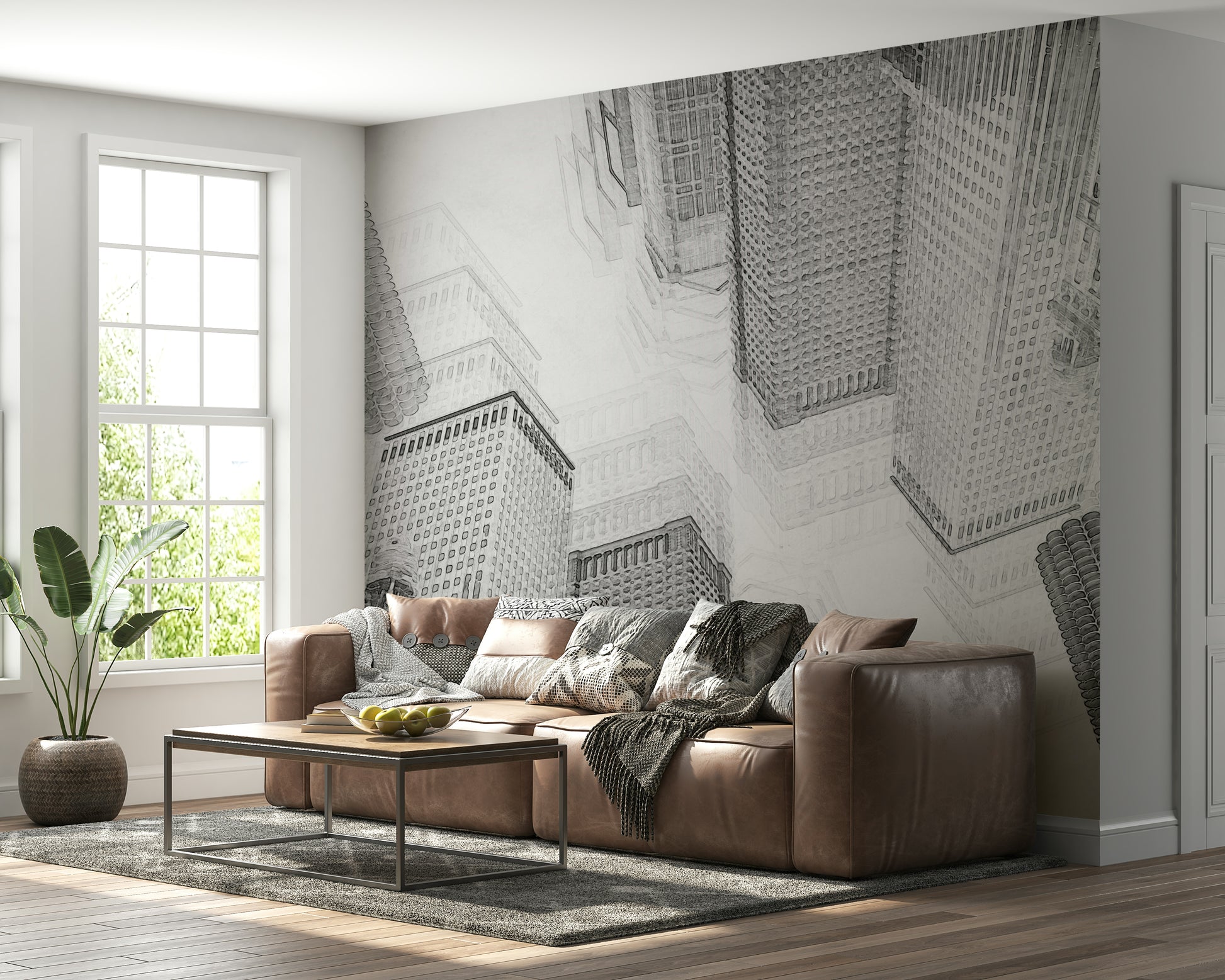 Hand-drawn city skyline wall covering for offices, living rooms, or studios.