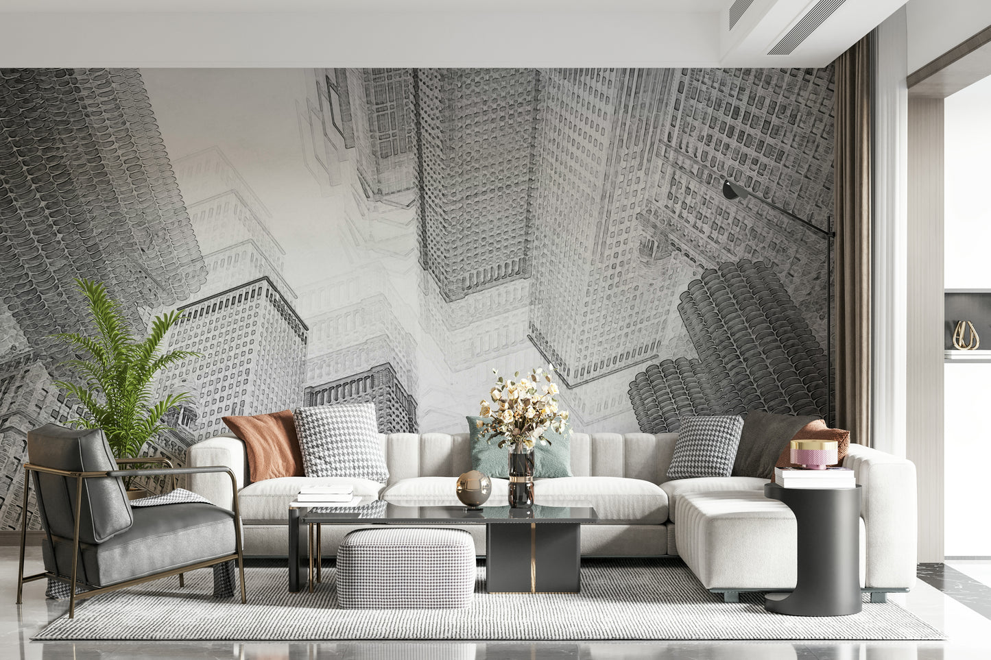 Sketch-style city mural with minimalist line art of buildings and streets.