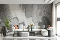 Sketch-style city mural with minimalist line art of buildings and streets.