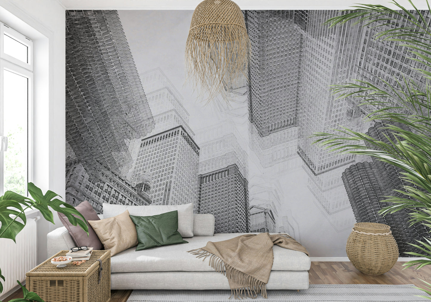 Minimalist city mural featuring linear sketch design for stylish home decor.