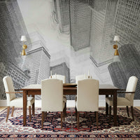 Cityscape Sketch Wall Mural featuring hand-drawn urban skyline in black and white.