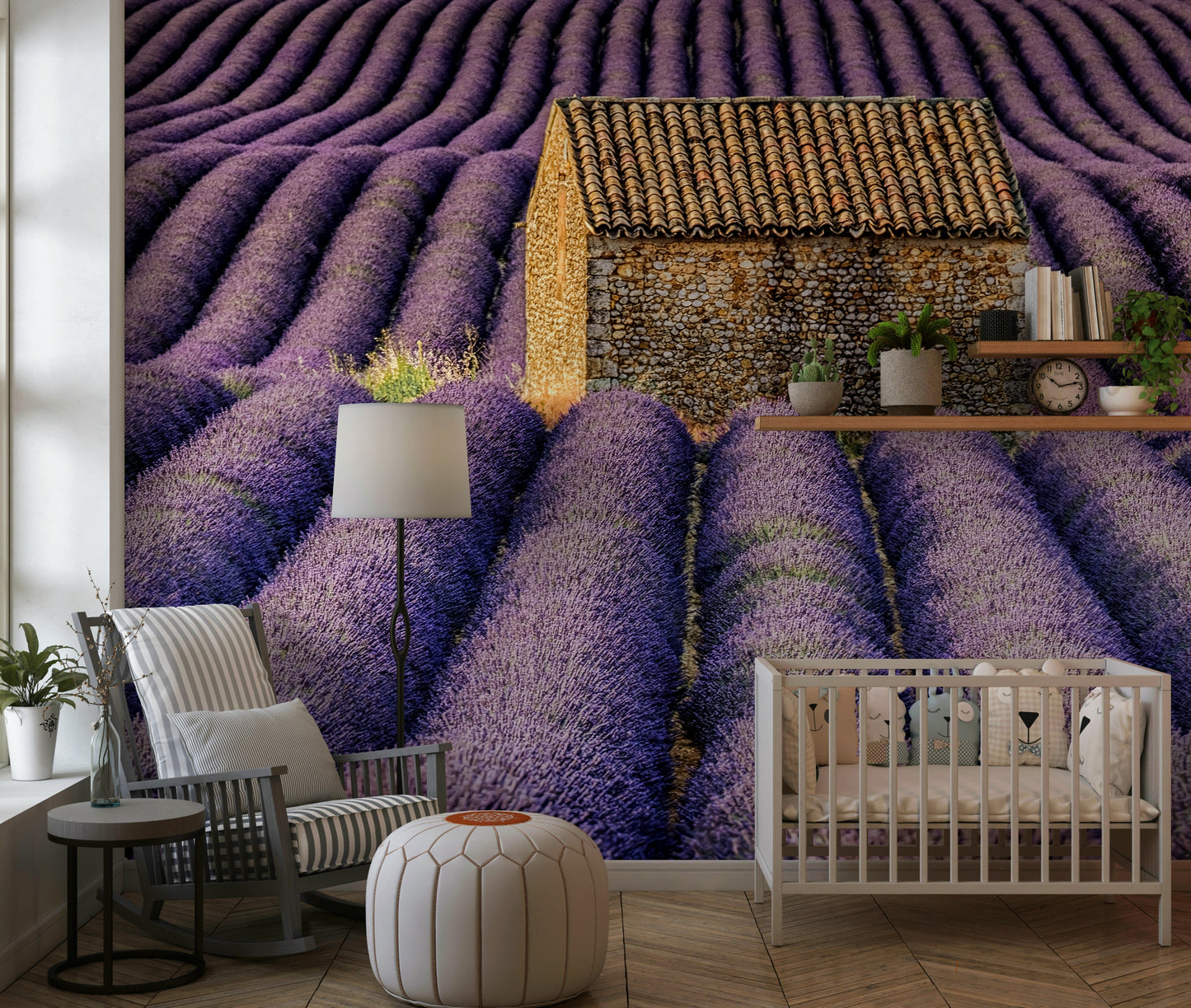 Floral lavender wall covering bringing a tranquil, fragrant garden vibe indoors.