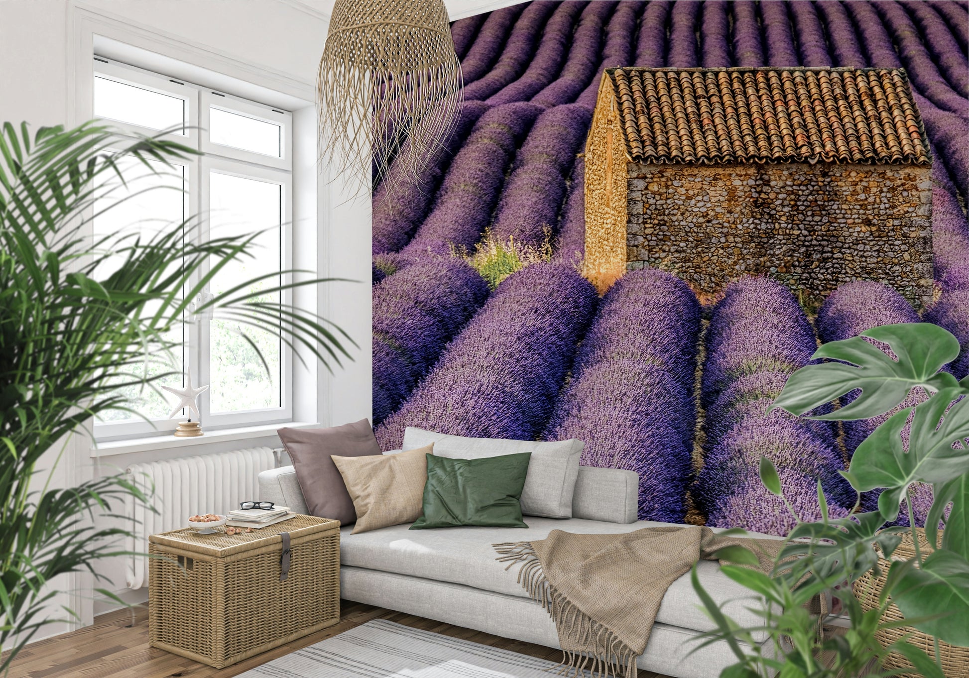 Lavender Haven wallpaper creating a serene, dreamy floral atmosphere in interiors.