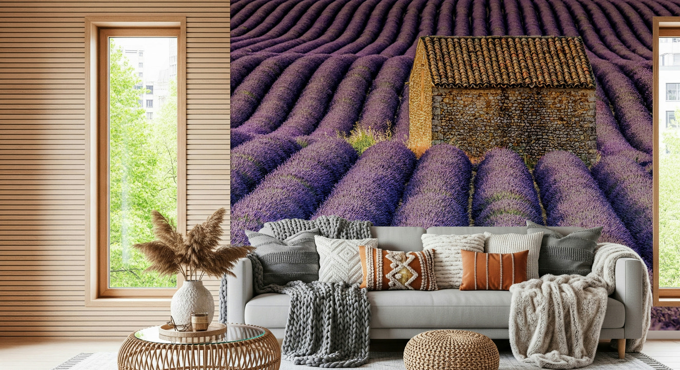 Lavender Haven Wall Mural featuring blooming lavender fields in soft purple tones.