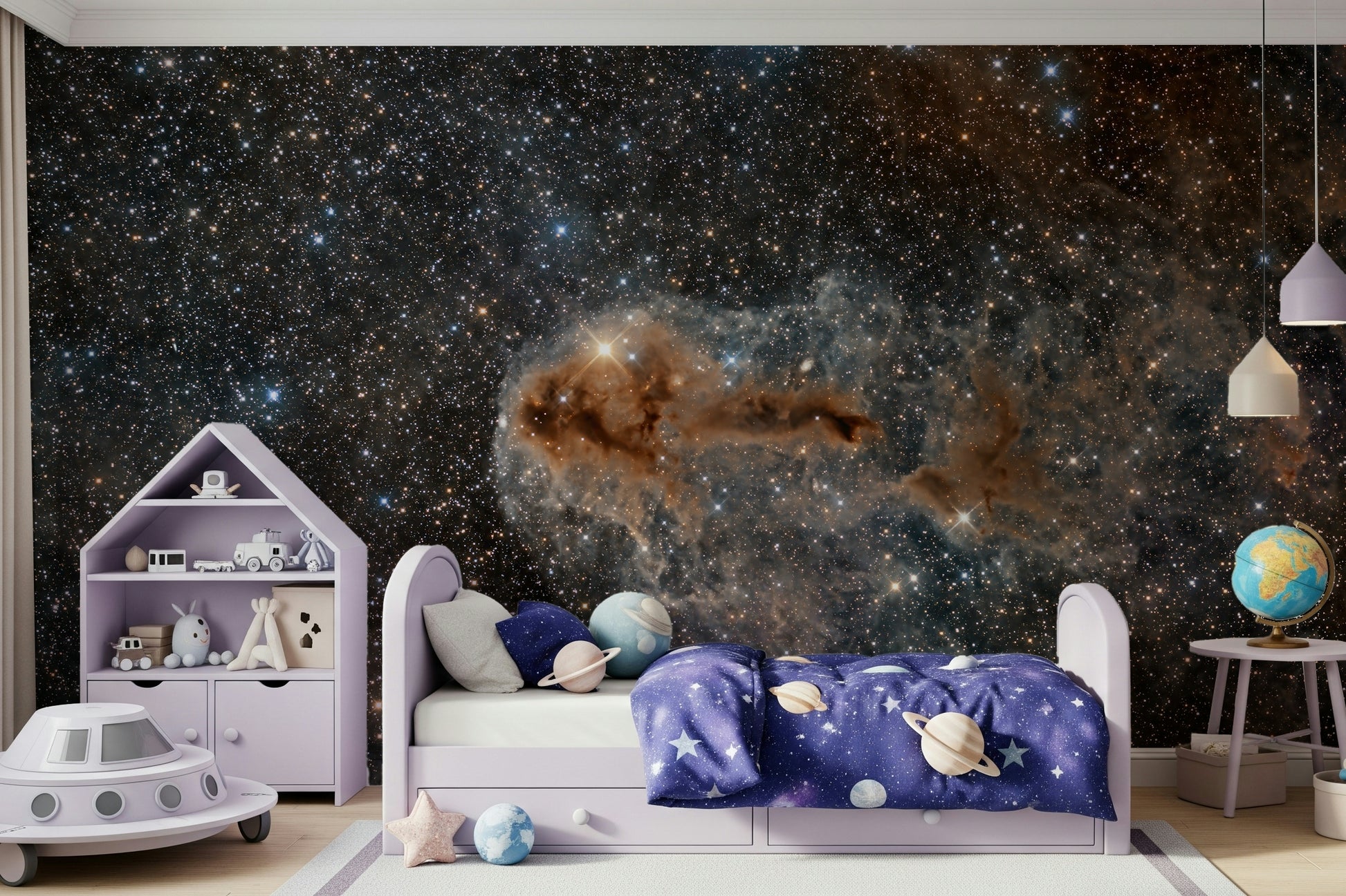 Cosmic-themed wall mural with constellations and celestial details for bedrooms or living rooms.