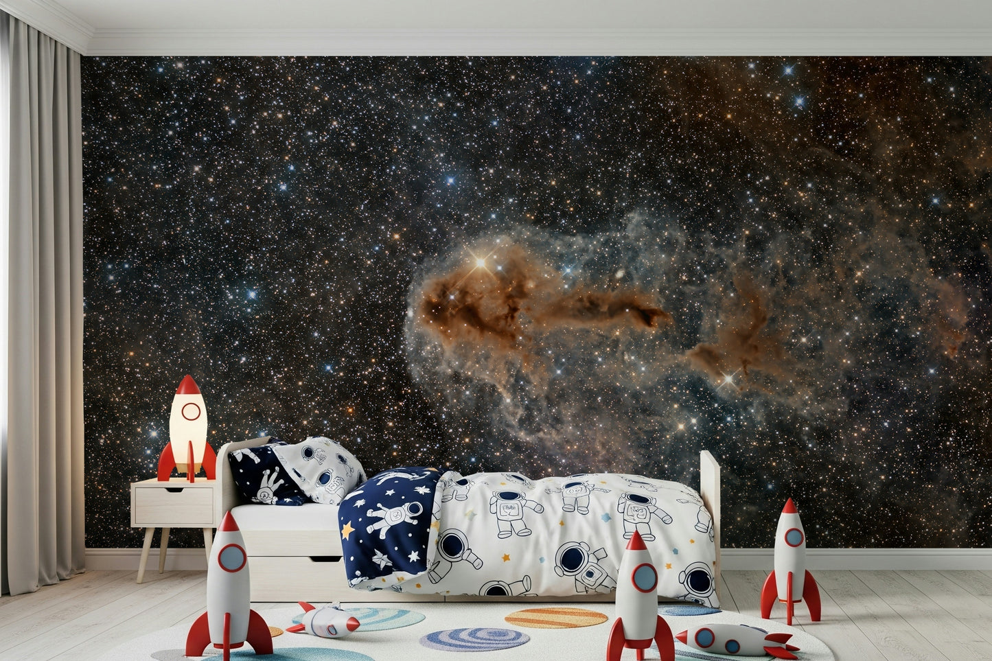 Astronomical-themed wall covering with a beautiful night sky and sparkling stars.