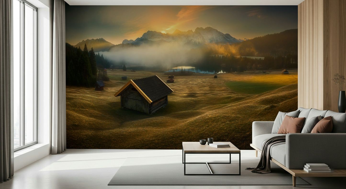 Alpine sunrise mural showcasing a hut nestled in serene mountain landscapes.