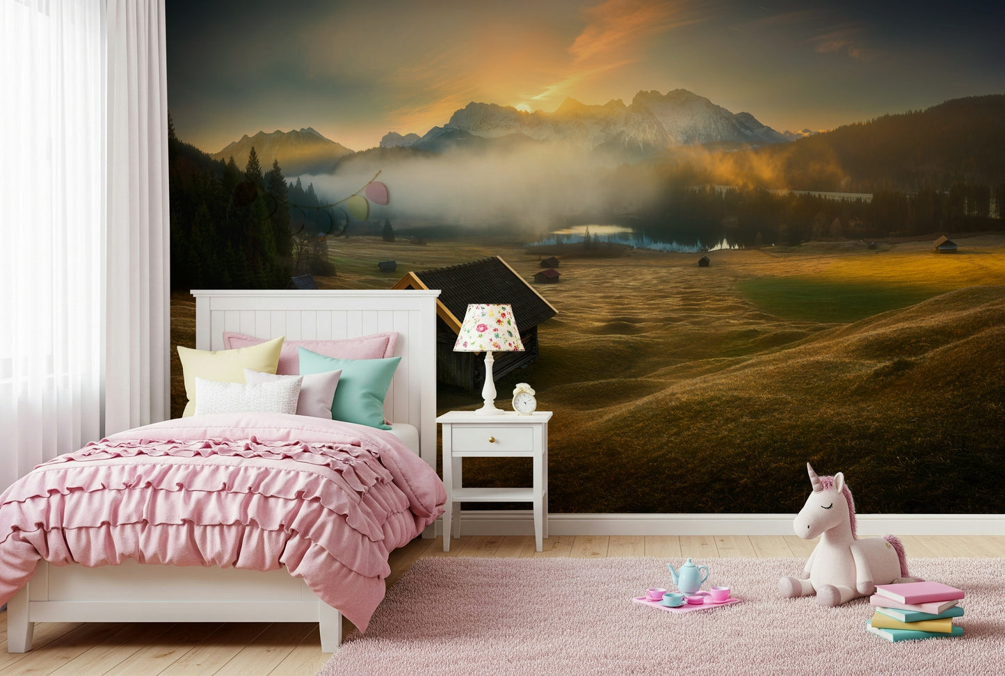 Sunrise mountain hut wallpaper creating a peaceful, nature-inspired interior.