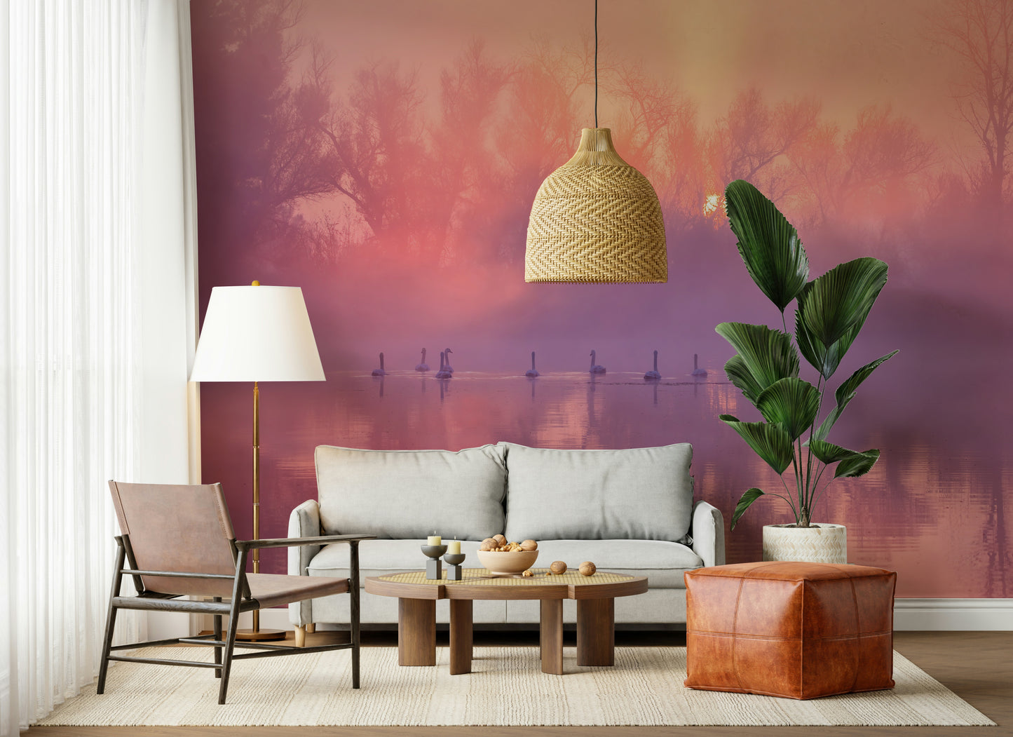 Swan Lake Sunrise mural with soft morning light reflecting on serene waters.