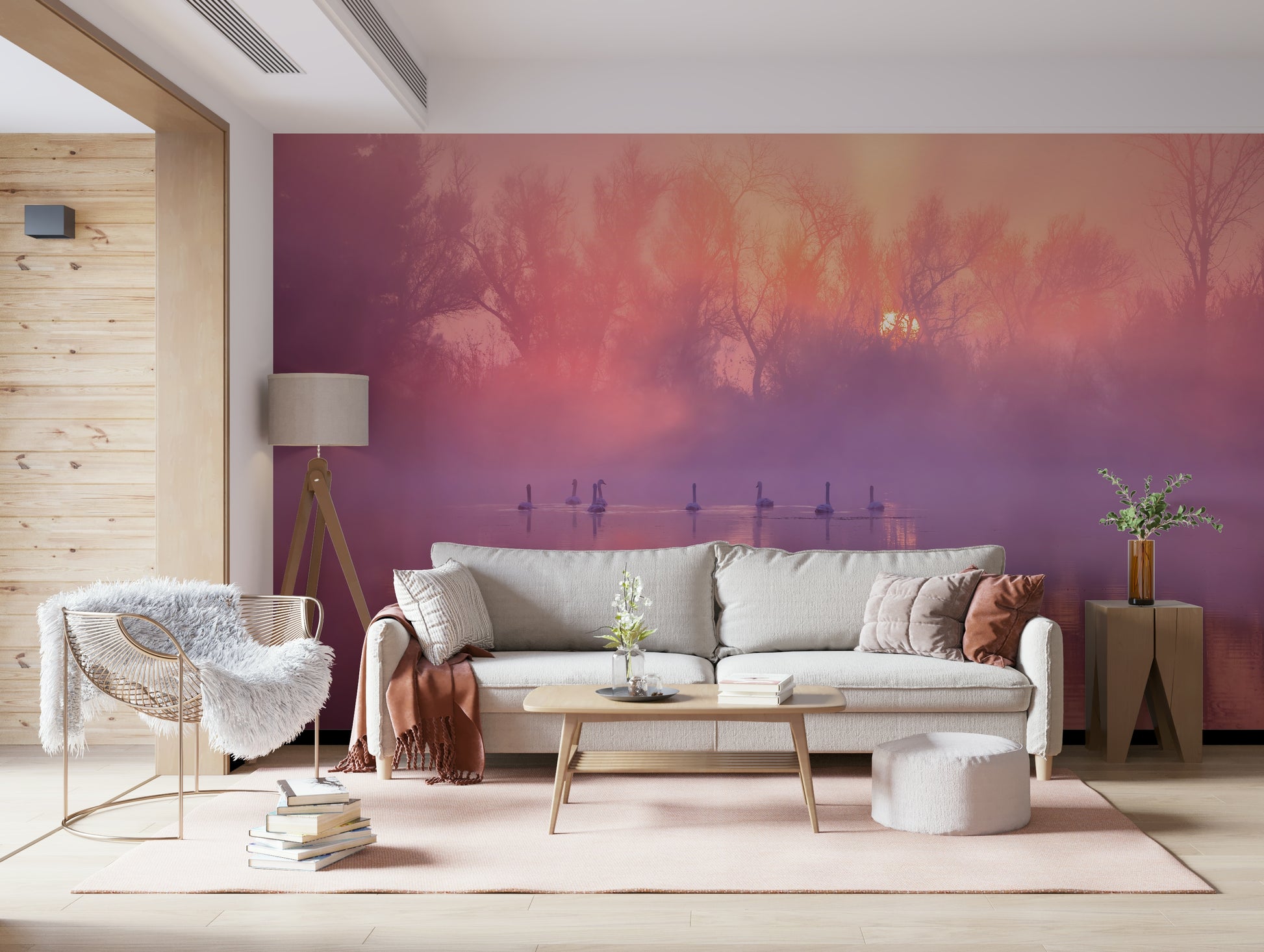 Sunrise lake wallpaper creating a peaceful, nature-inspired interior.