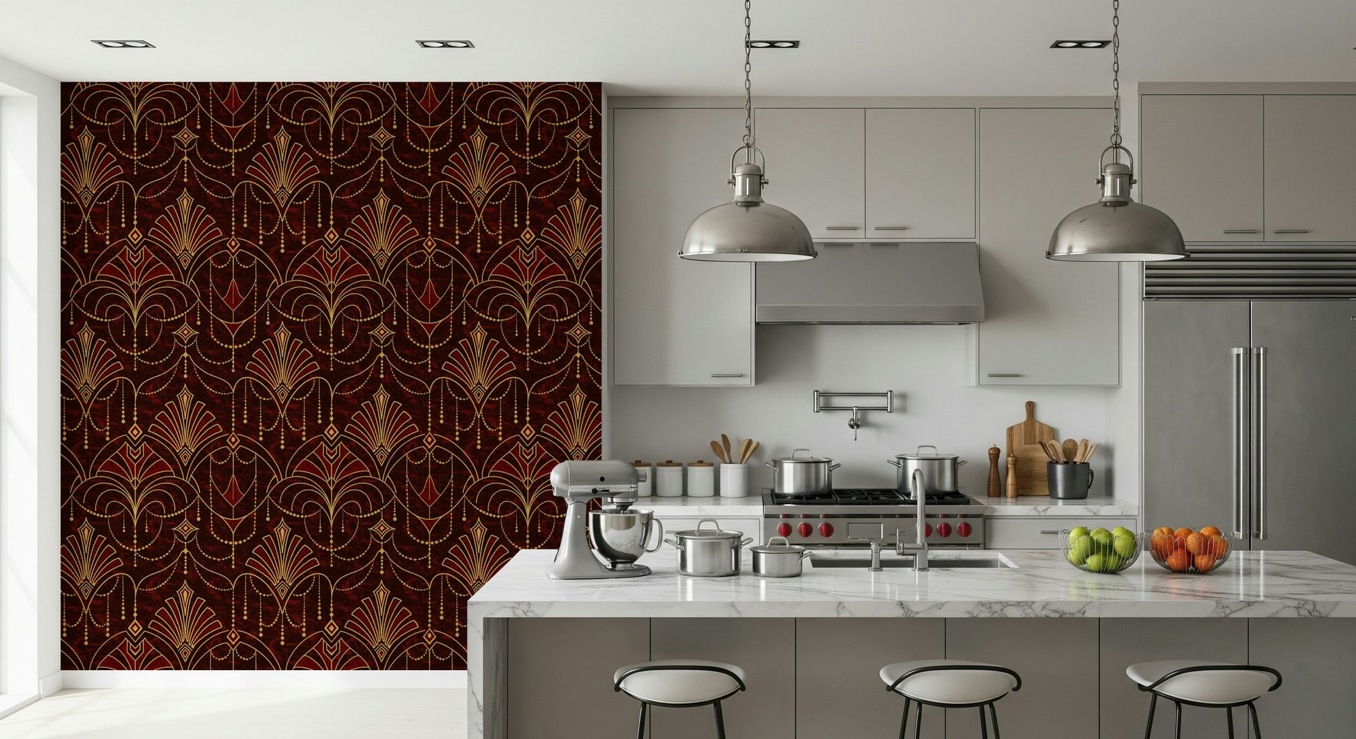 Art Deco-inspired wall covering with radiant ruby tones for stylish interiors.