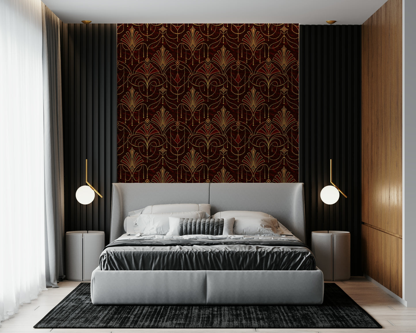 Ruby Deco Radiance wallpaper creating a striking, sophisticated accent wall.