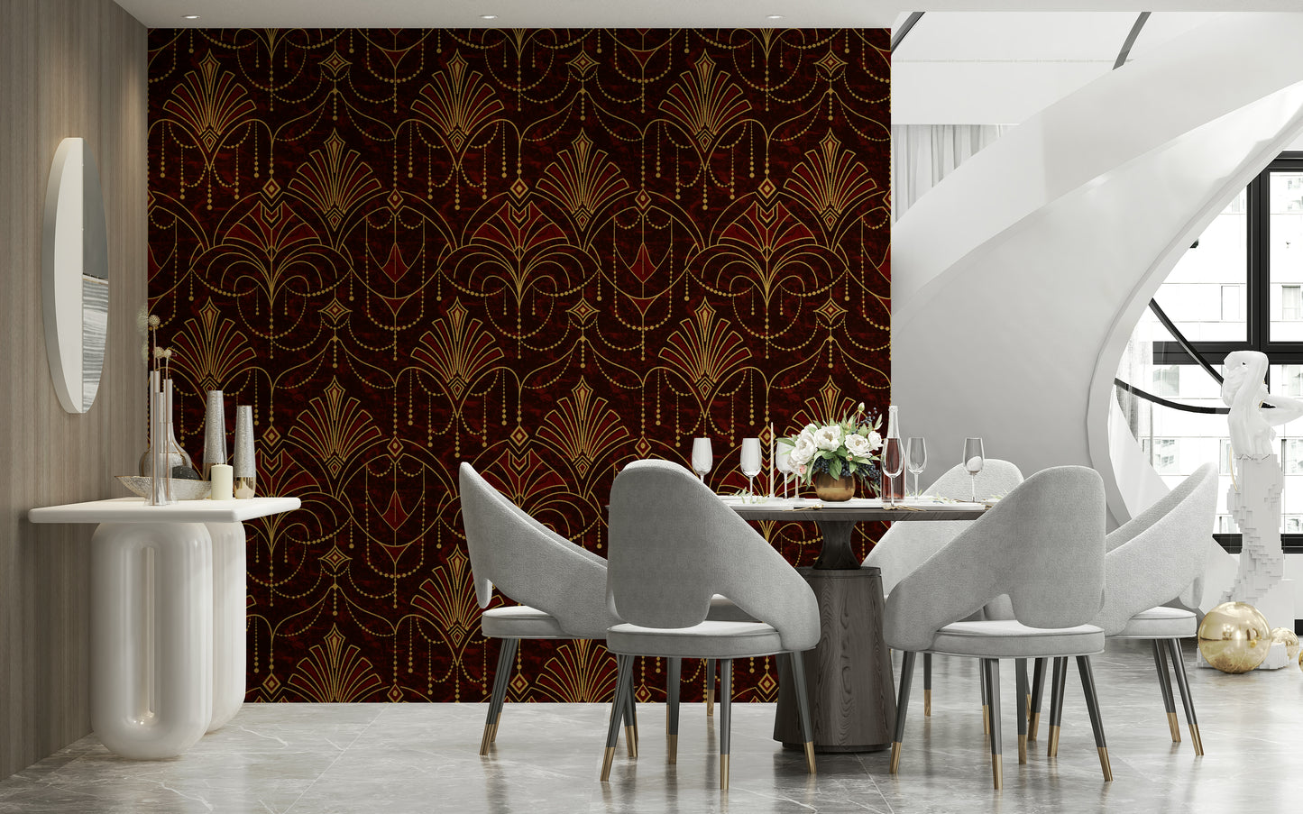 Ruby Deco Radiance wall mural with elegant, symmetrical patterns and deep red hues.