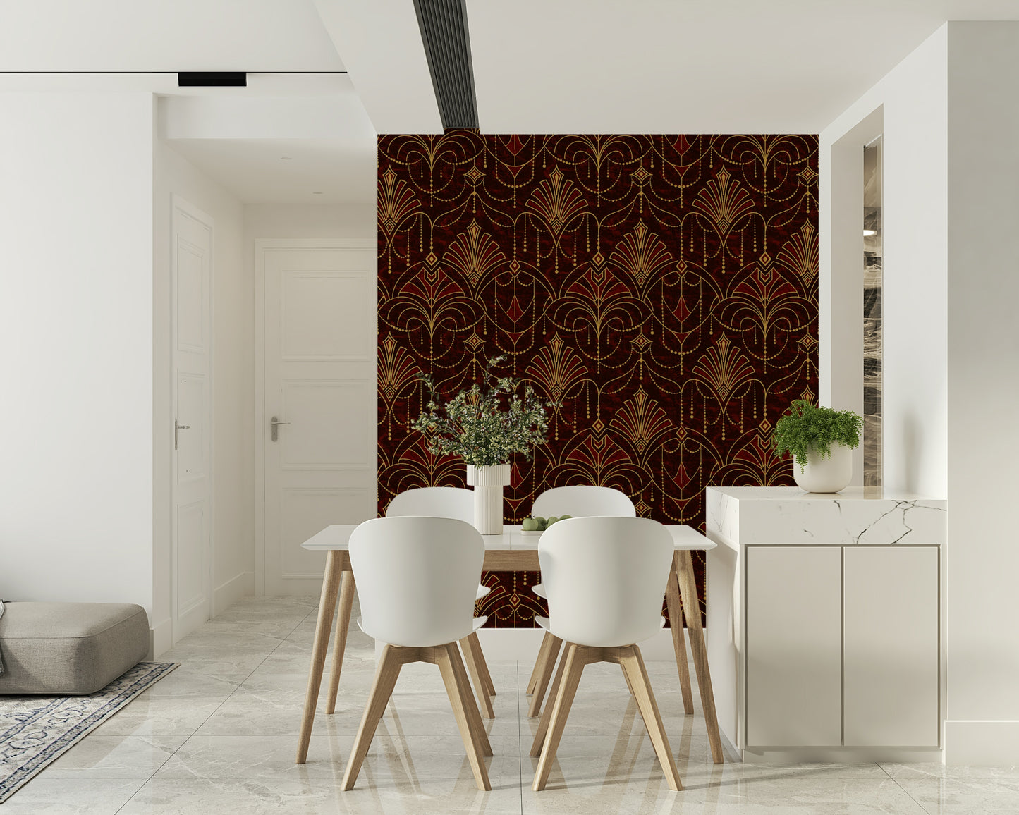 Geometric ruby wallpaper creating a glamorous, vintage-inspired wall look.