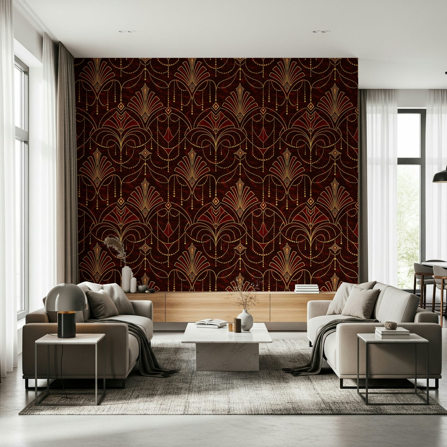 Wall covering featuring radiant ruby geometric designs for modern, chic spaces.