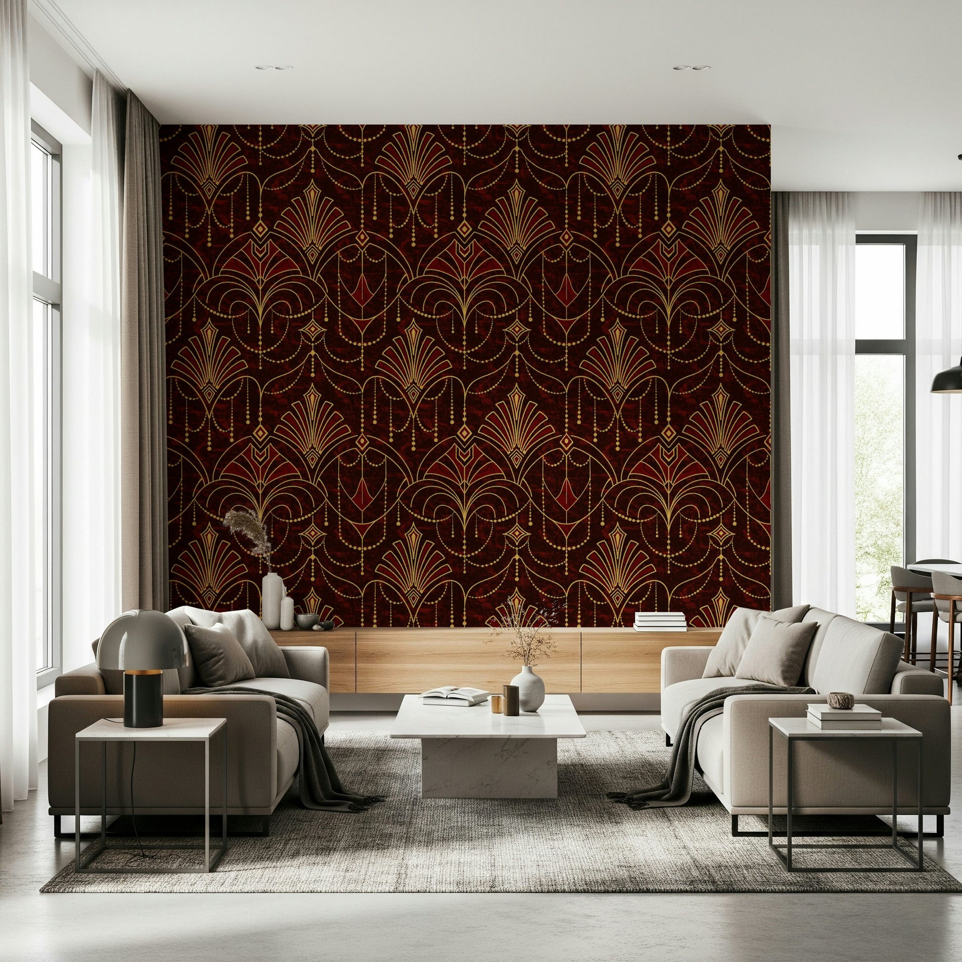 Wall covering featuring radiant ruby geometric designs for modern, chic spaces.