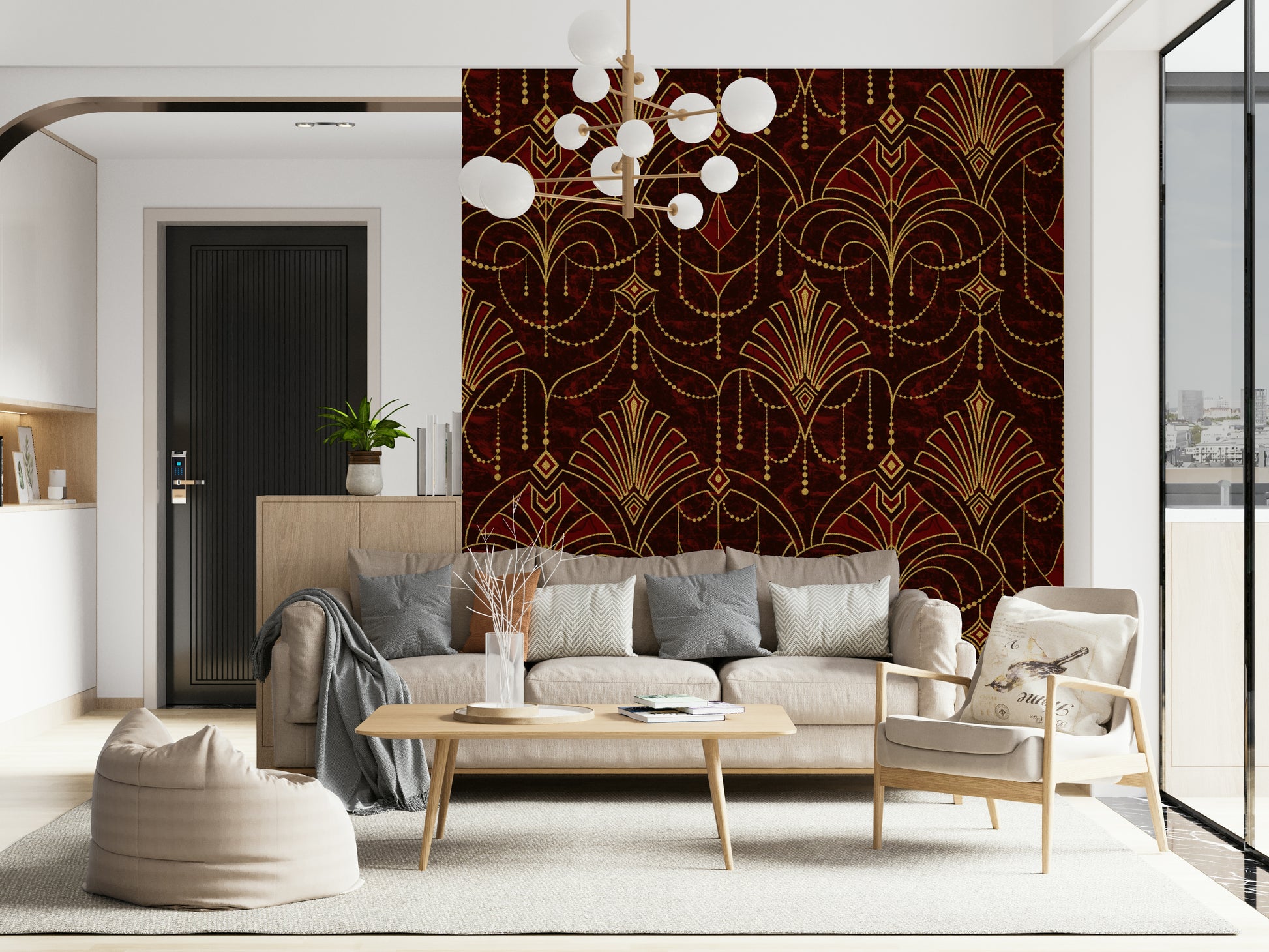 Art Deco ruby wallpaper with intricate, repeating geometric patterns.