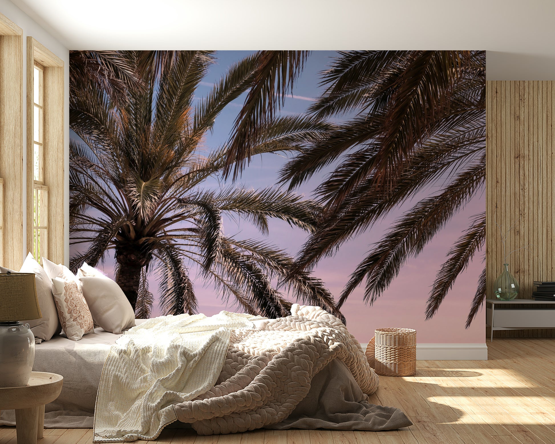 Palm Sky Serenity Wall Mural featuring tall palm trees against a soft, serene sky.