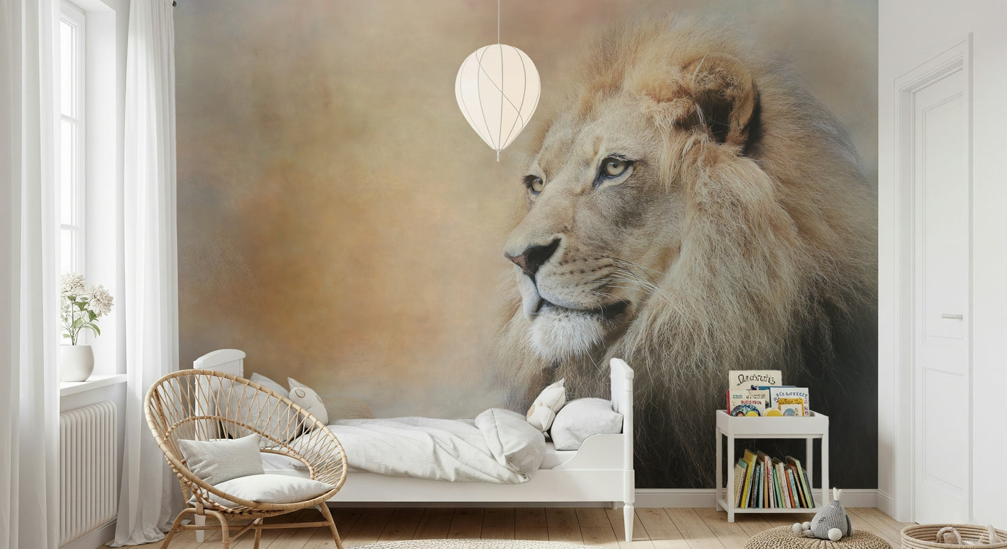 Lion Gaze Wall Art Mural – Close-up mural of a lion’s intense eyes creating a captivating focal point.