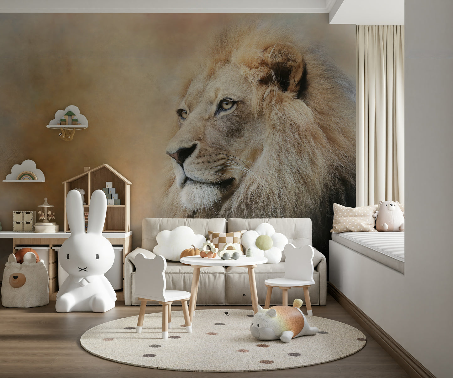 Lion Portrait Feature Wall Mural – Stunning lion mural showcasing fine details and depth, ideal for statement walls.