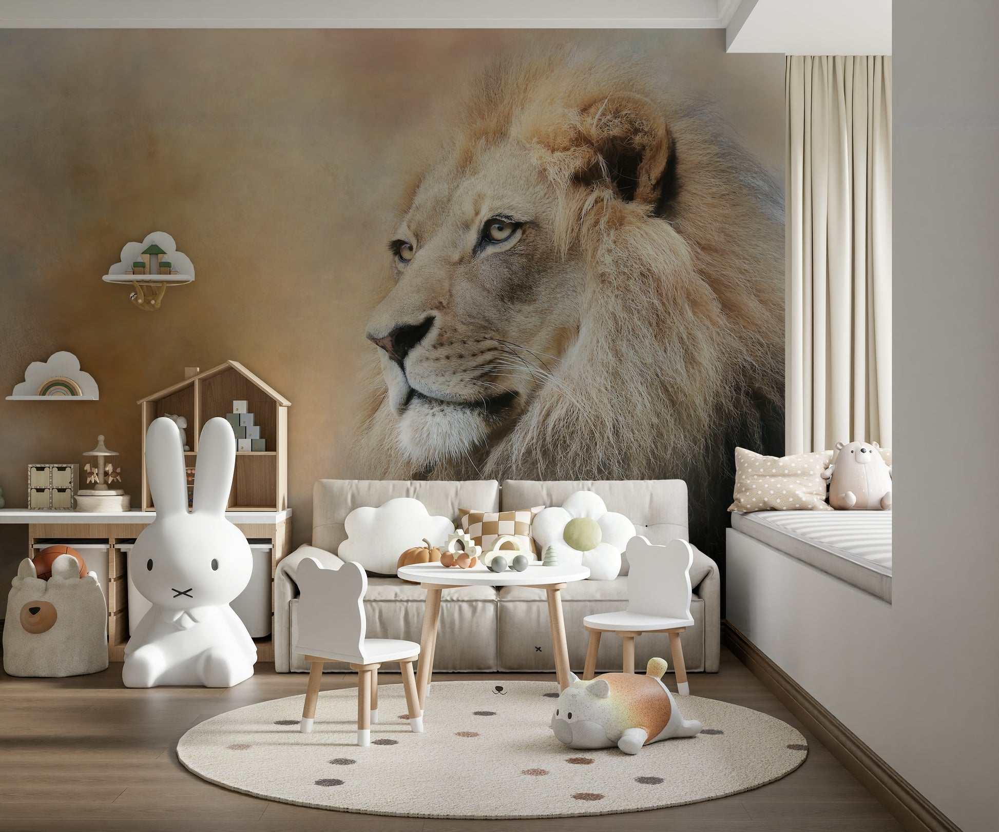 Lion Portrait Feature Wall Mural – Stunning lion mural showcasing fine details and depth, ideal for statement walls.