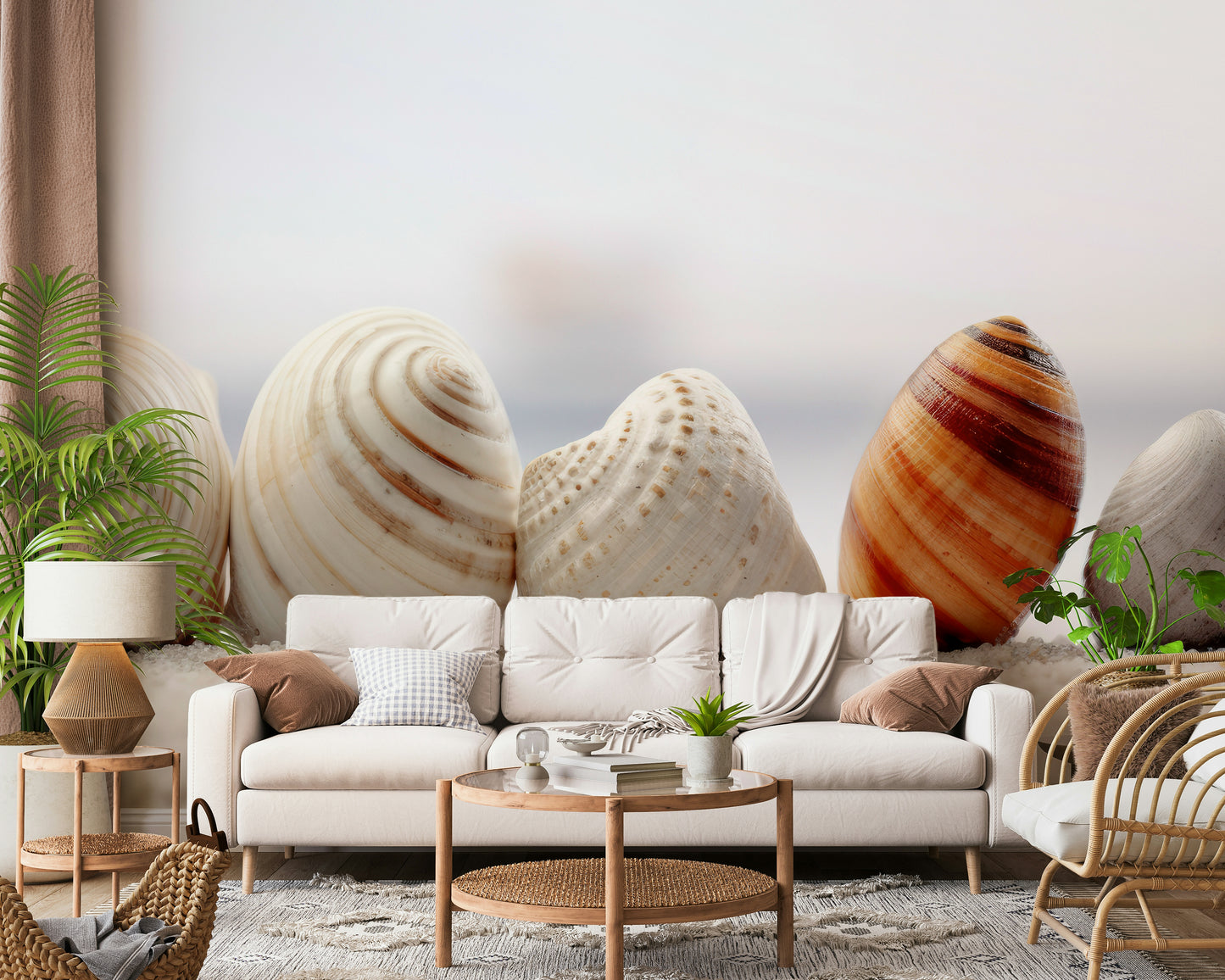 Beach-Inspired Seashell Wallpaper – Natural seashell motifs in sandy beige and soft blue for coastal-themed décor.
