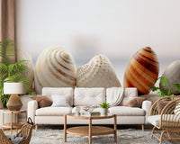 Beach-Inspired Seashell Wallpaper – Natural seashell motifs in sandy beige and soft blue for coastal-themed décor.