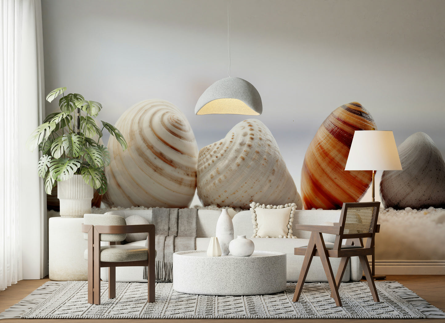 Soft Coastal Wall Mural – Seashell harmony design in light pastel shades perfect for bedrooms and beach houses.
