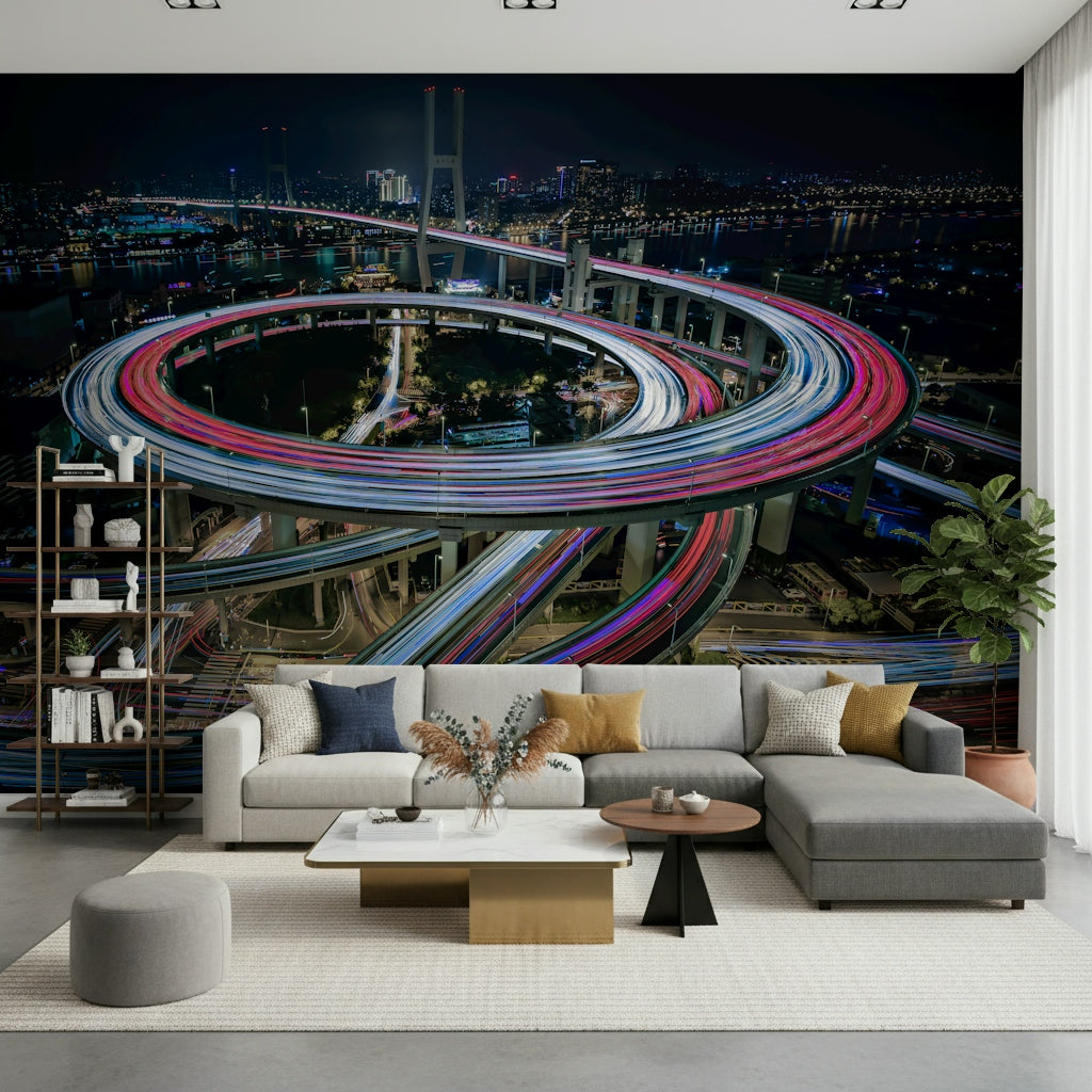 Cityscape Light Trails Wall Mural – Illuminated urban scene with bustling city roads and bright flowing lights.