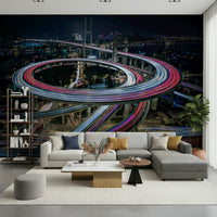 Cityscape Light Trails Wall Mural – Illuminated urban scene with bustling city roads and bright flowing lights.