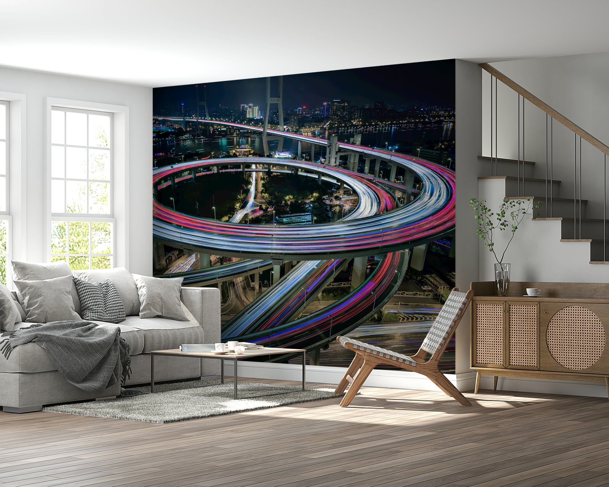 Modern Urban Light Trail Wallpaper – Night city skyline with flowing streaks of colorful lights for a dramatic effect.