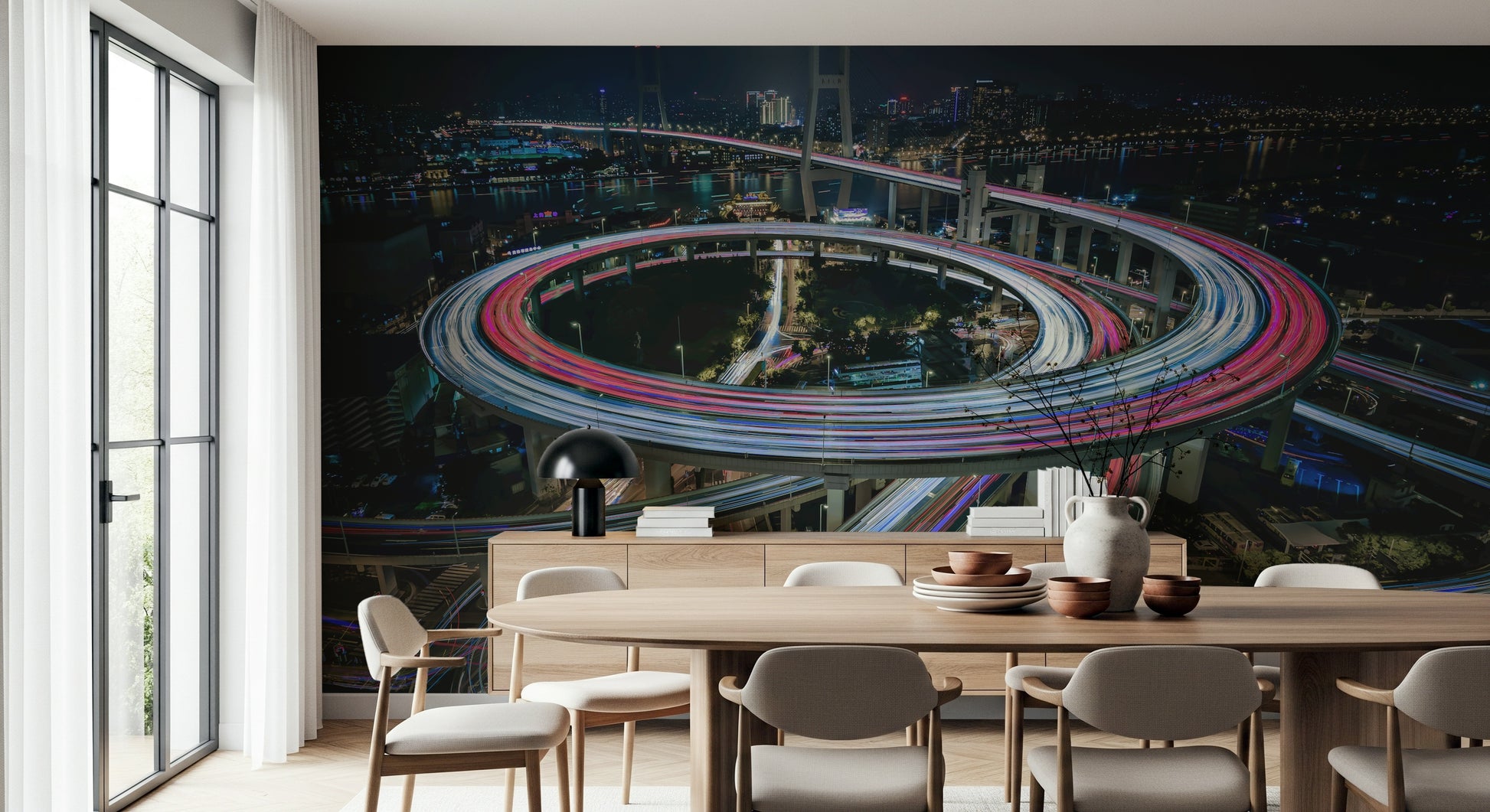 Nighttime Urban Flow Wall Mural – Glowing traffic trails creating a sleek and modern city aesthetic.