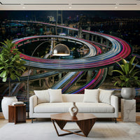 City Lights in Motion Wall Mural – Bold mural featuring long-exposure photography style light trails across urban streets.